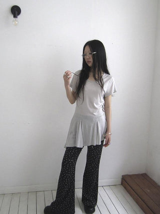Vintage Sheer Floral Hem V Neck T Shirt Long Sleeve