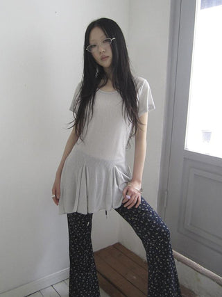Vintage Sheer Floral Hem V Neck T Shirt Long Sleeve