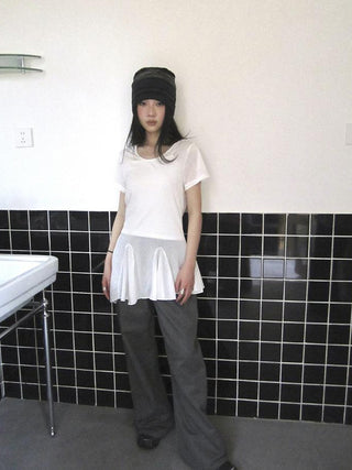 Vintage Sheer Floral Hem V Neck T Shirt Long Sleeve