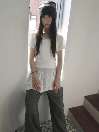 Vintage Sheer Floral Hem V Neck T Shirt Long Sleeve