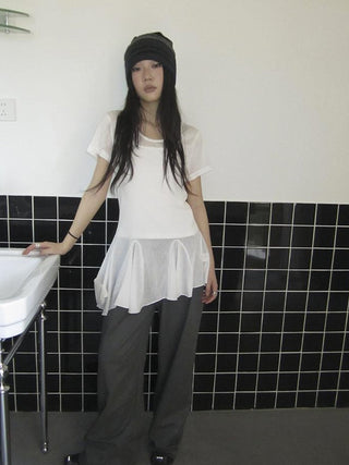 Vintage Sheer Floral Hem V Neck T Shirt Long Sleeve
