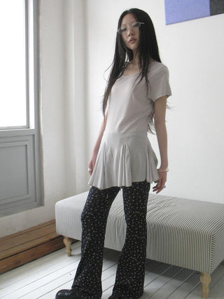 Vintage Sheer Floral Hem V Neck T Shirt Long Sleeve
