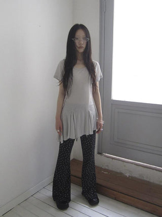 Vintage Sheer Floral Hem V Neck T Shirt Long Sleeve
