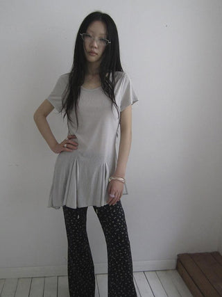 Vintage Sheer Floral Hem V Neck T Shirt Long Sleeve