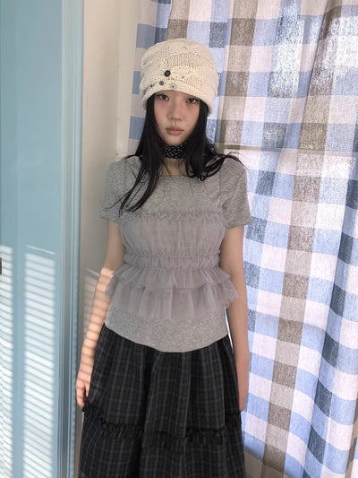 Vintage Slim Cropped Two Piece Grey Crew Neck Short Sleeve Women T-Shirt