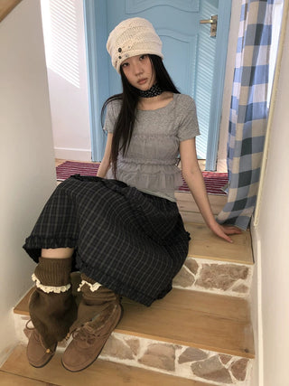 Vintage Slim Cropped Two Piece Grey Crew Neck Short Sleeve Women T-Shirt