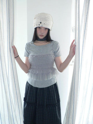 Vintage Slim Cropped Two Piece Grey Crew Neck Short Sleeve Women T-Shirt