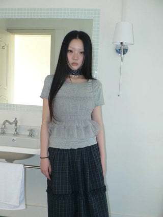 Vintage Slim Cropped Two Piece Grey Crew Neck Short Sleeve Women T-Shirt