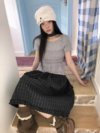 Vintage Slim Cropped Two Piece Grey Crew Neck Short Sleeve Women T-Shirt