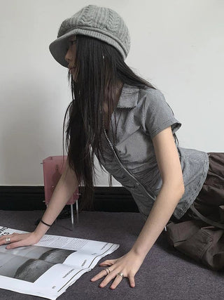 Vintage V-Neck Striped Tee With Pleated Detail