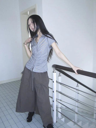 Vintage V-Neck Striped Tee With Pleated Detail