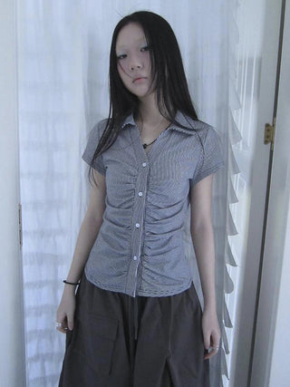Vintage V-Neck Striped Tee With Pleated Detail