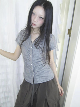 Vintage V-Neck Striped Tee With Pleated Detail