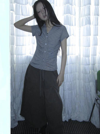 Vintage V-Neck Striped Tee With Pleated Detail