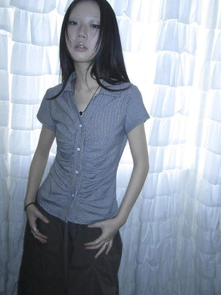 Vintage V-Neck Striped Tee With Pleated Detail