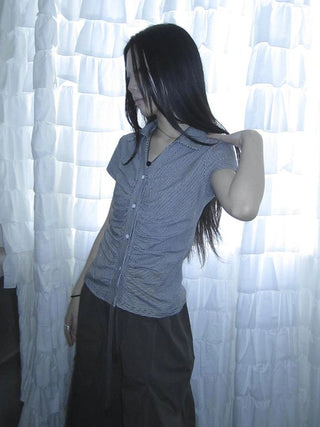 Vintage V-Neck Striped Tee With Pleated Detail
