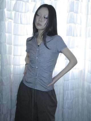 Vintage V-Neck Striped Tee With Pleated Detail