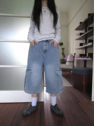 Vintage Washed Cropped Jeans With Pockets Jeans