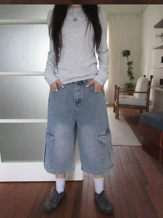 Vintage Washed Cropped Jeans With Pockets Jeans