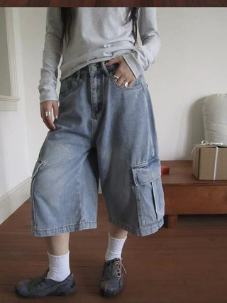 Vintage Washed Cropped Jeans With Pockets Jeans
