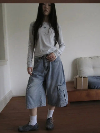 Vintage Washed Cropped Jeans With Pockets Jeans