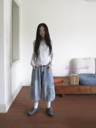 Vintage Washed Cropped Jeans With Pockets Jeans