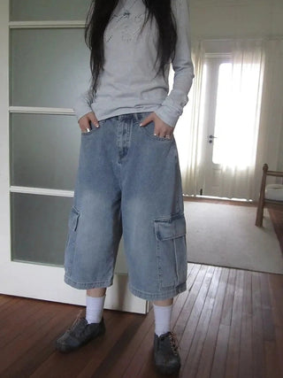 Vintage Washed Cropped Jeans With Pockets Jeans