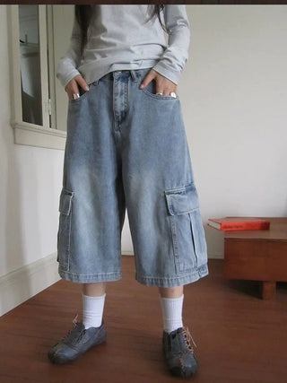 Vintage Washed Cropped Jeans With Pockets Jeans