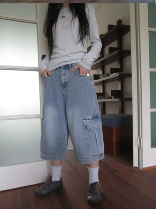 Vintage Washed Cropped Jeans With Pockets Jeans