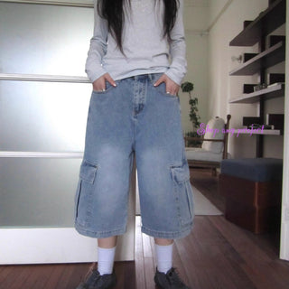 Vintage Washed Cropped Jeans With Pockets Jeans