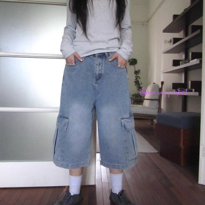 Vintage Washed Cropped Jeans With Pockets Jeans