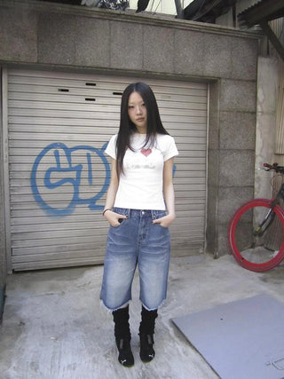 Vintage Washed Denim Mid Shorts With Elastic Waist