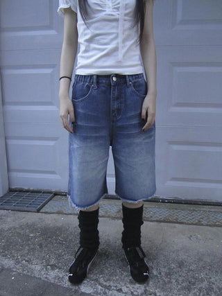 Vintage Washed Denim Mid Shorts With Elastic Waist