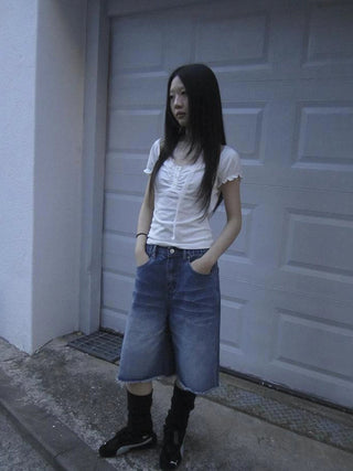 Vintage Washed Denim Mid Shorts With Elastic Waist