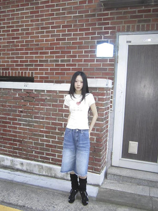Vintage Washed Denim Mid Shorts With Elastic Waist