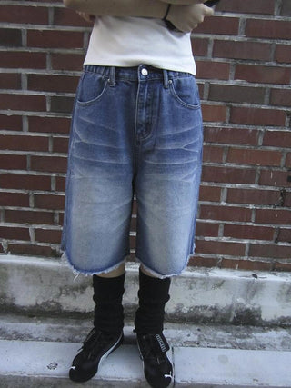 Vintage Washed Denim Mid Shorts With Elastic Waist