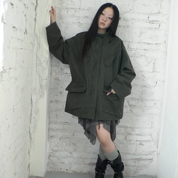 Vintage Washed Drawstring Waist Multi Pocket Long Utility Jacket Jacket