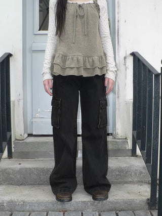 Vintage Washed High Waist Straight Leg Button Fly Cotton Pockets Womens Jeans