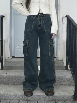 Vintage Washed High Waist Straight Leg Button Fly Cotton Pockets Womens Jeans