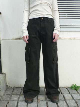 Vintage Washed High Waist Straight Leg Button Fly Cotton Pockets Womens Jeans