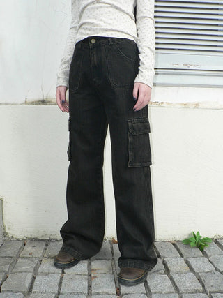 Vintage Washed High Waist Straight Leg Button Fly Cotton Pockets Womens Jeans