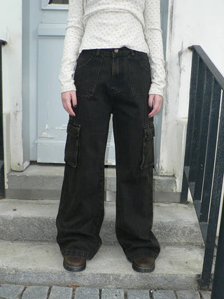 Vintage Washed High Waist Straight Leg Button Fly Cotton Pockets Womens Jeans