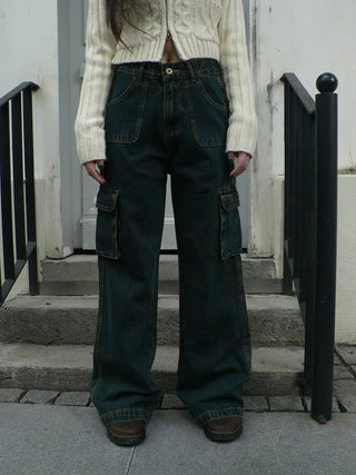 Vintage Washed High Waist Straight Leg Button Fly Cotton Pockets Womens Jeans