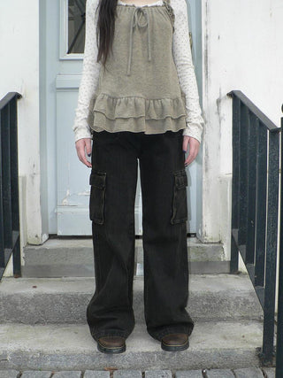 Vintage Washed High Waist Straight Leg Button Fly Cotton Pockets Womens Jeans