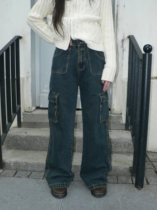 Vintage Washed High Waist Straight Leg Button Fly Cotton Pockets Womens Jeans