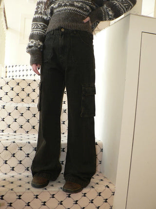 Vintage Washed High Waist Straight Leg Button Fly Cotton Pockets Womens Jeans