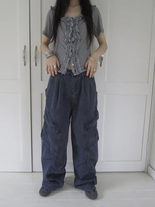 Vintage Washed Pleated Pocket Cargo Pants