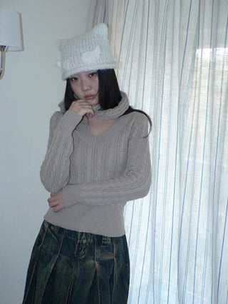Vintage Workwear V Neck Slim Fit Minimal Casual Women Black Gray Sweater