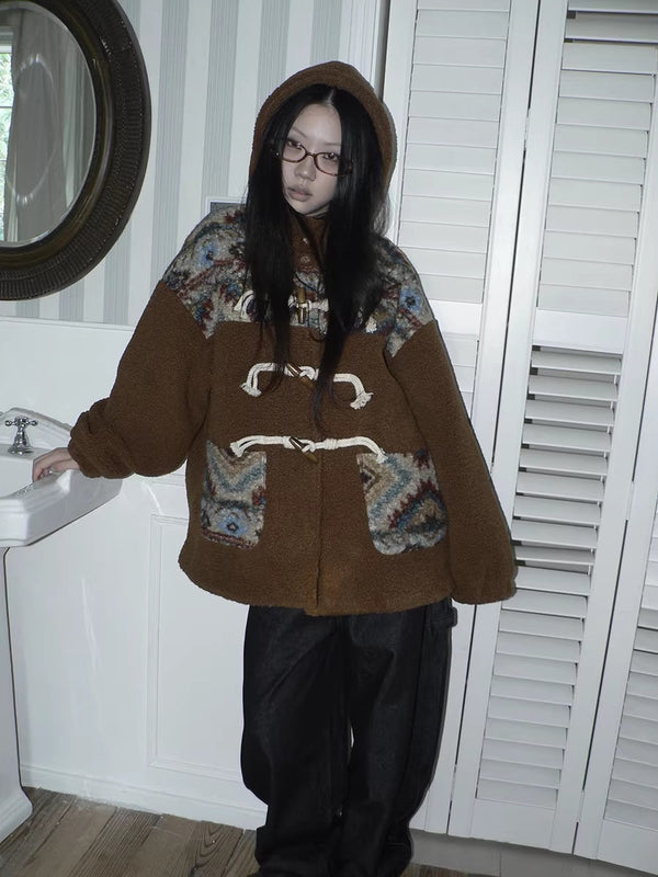 Warm Insulated Hooded Colorblock Oversized Horn Toggle Women Puffer Jacket