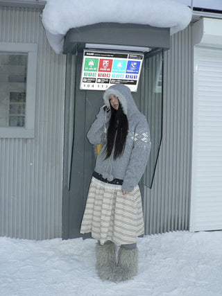 Warm Thermal Relaxed Knit Zipper Detail Hooded Loose Fit Women Hoodies